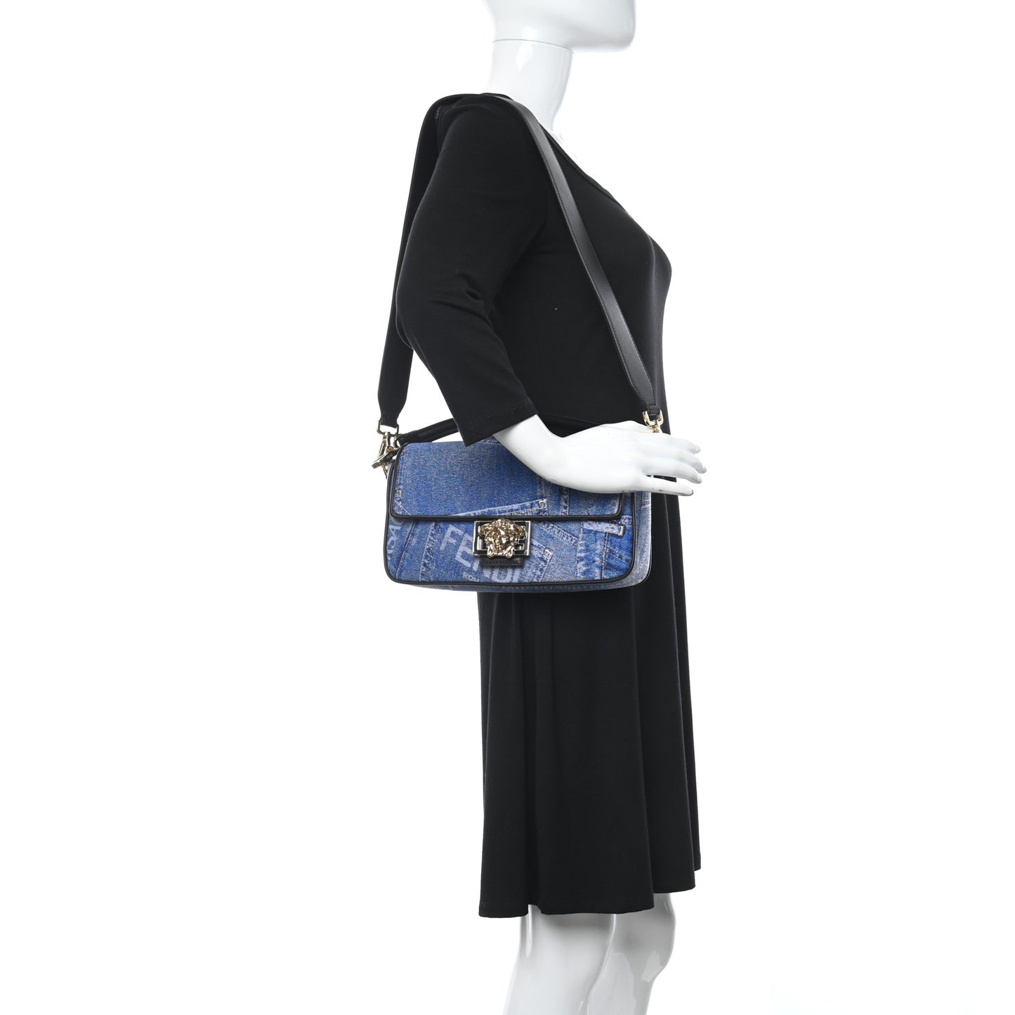X FENDI Fabric Calfskin Medusa Denim Patchwork Print Baguette Blue Black Gold