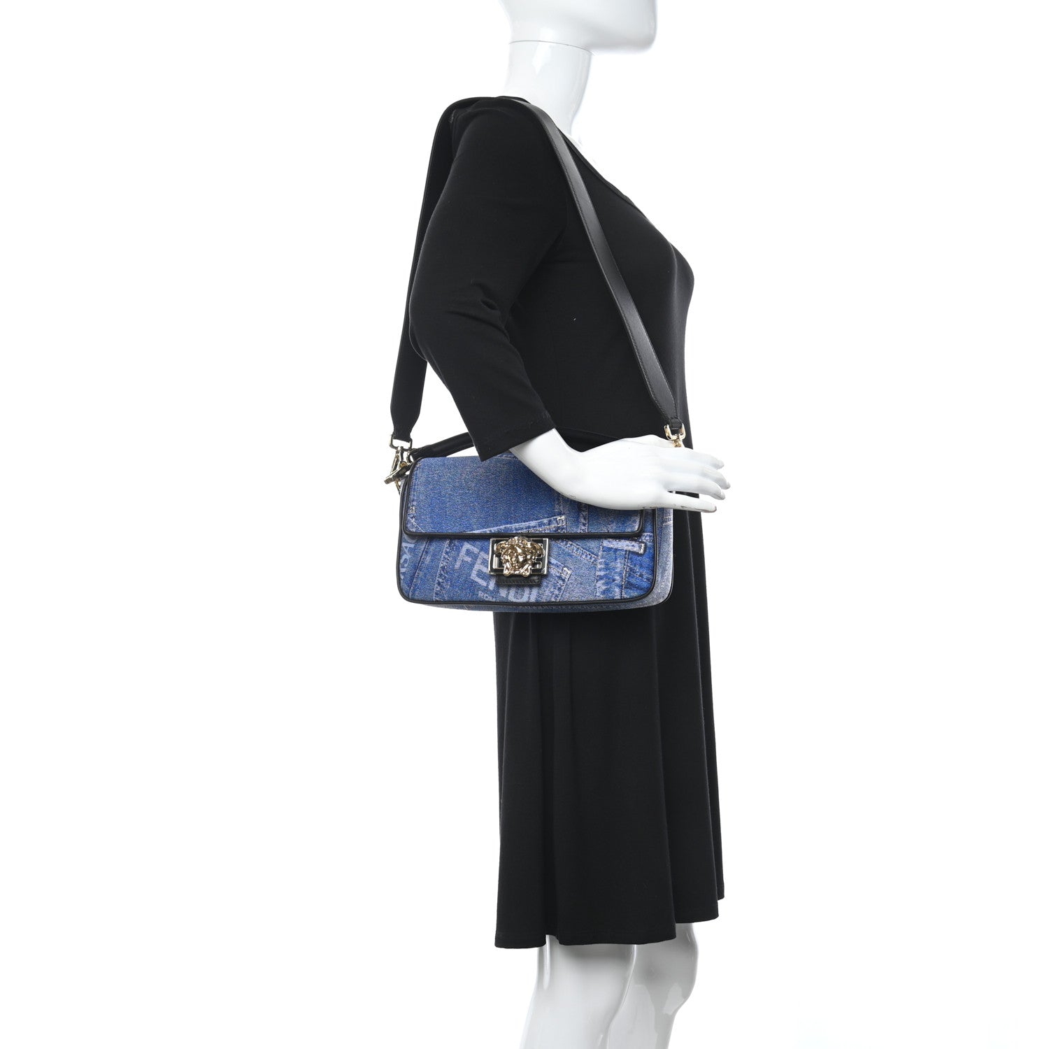 Versace X FENDI Fabric Calfskin Medusa Denim Patchwork Print Baguette Blue Black Gold 2 of 9