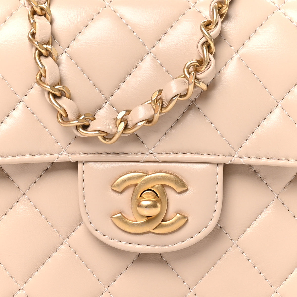 Lambskin Quilted Small Flap Top Handle Bag Beige