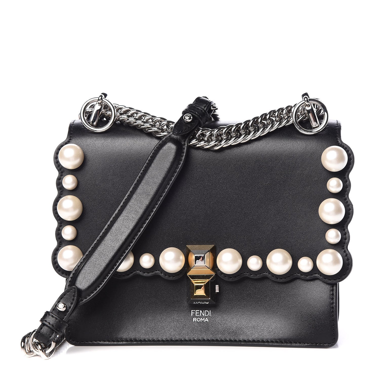 Vitello Liberty Pearl Scalloped Studded Small Kan I Shoulder Bag Black