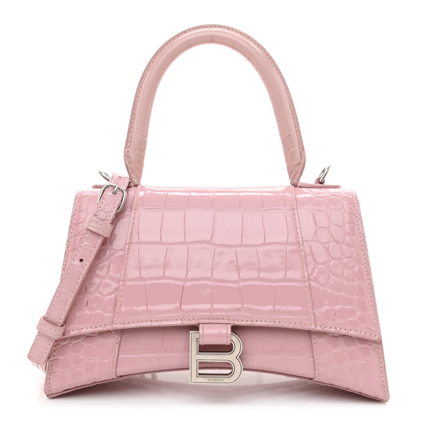 Shiny Calfskin Crocodile Embossed Small Hourglass Top Handle Bag Powder Pink