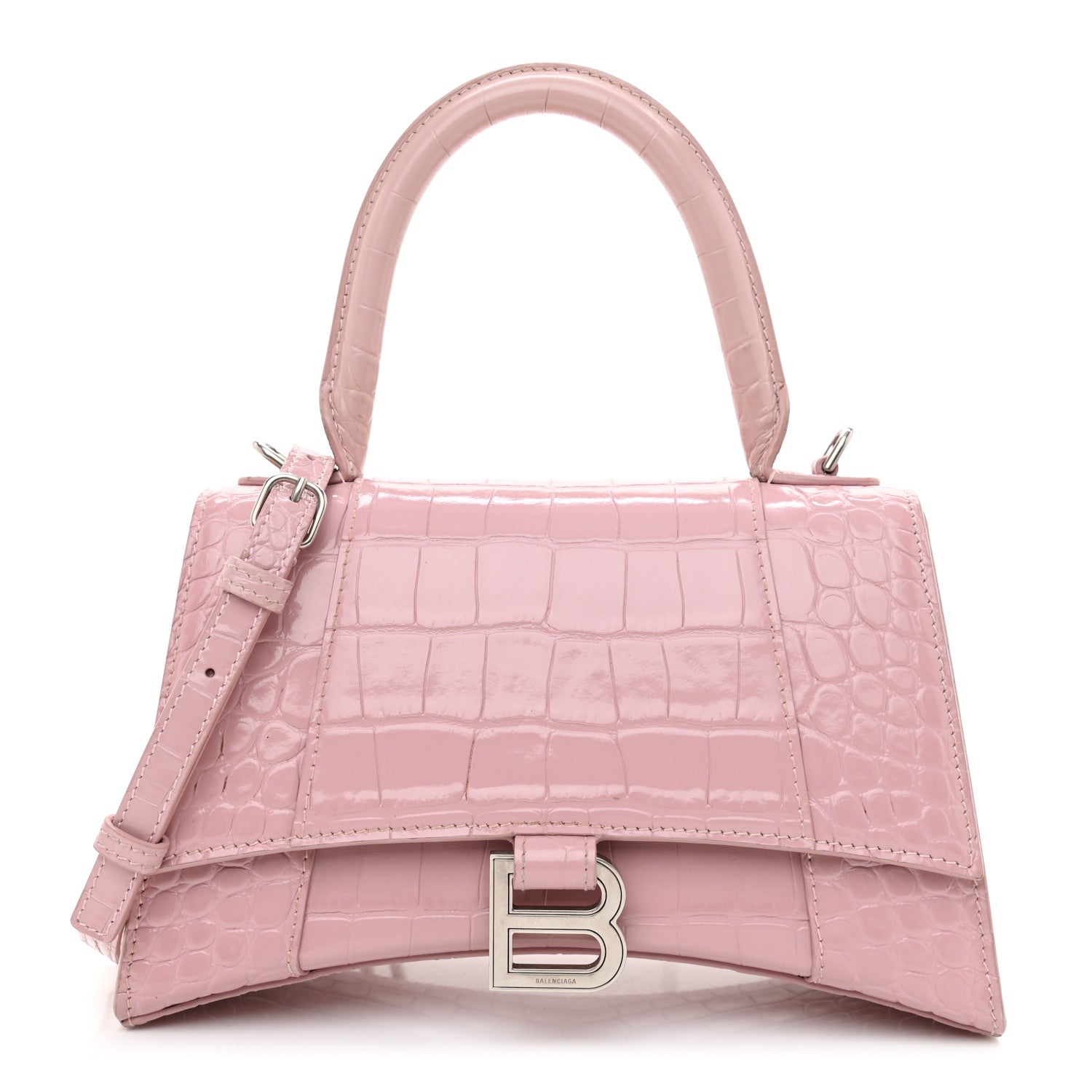 Balenciaga Shiny Calfskin Crocodile Embossed Small Hourglass Top Handle Bag Powder Pink 2 of 13