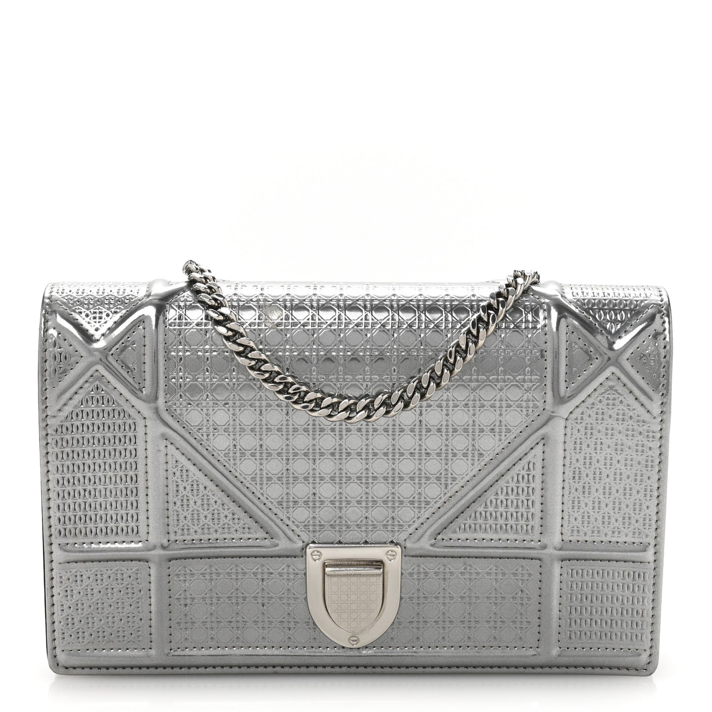 Metallic Patent Micro-Cannage Diorama Wallet on Chain Pouch Silver