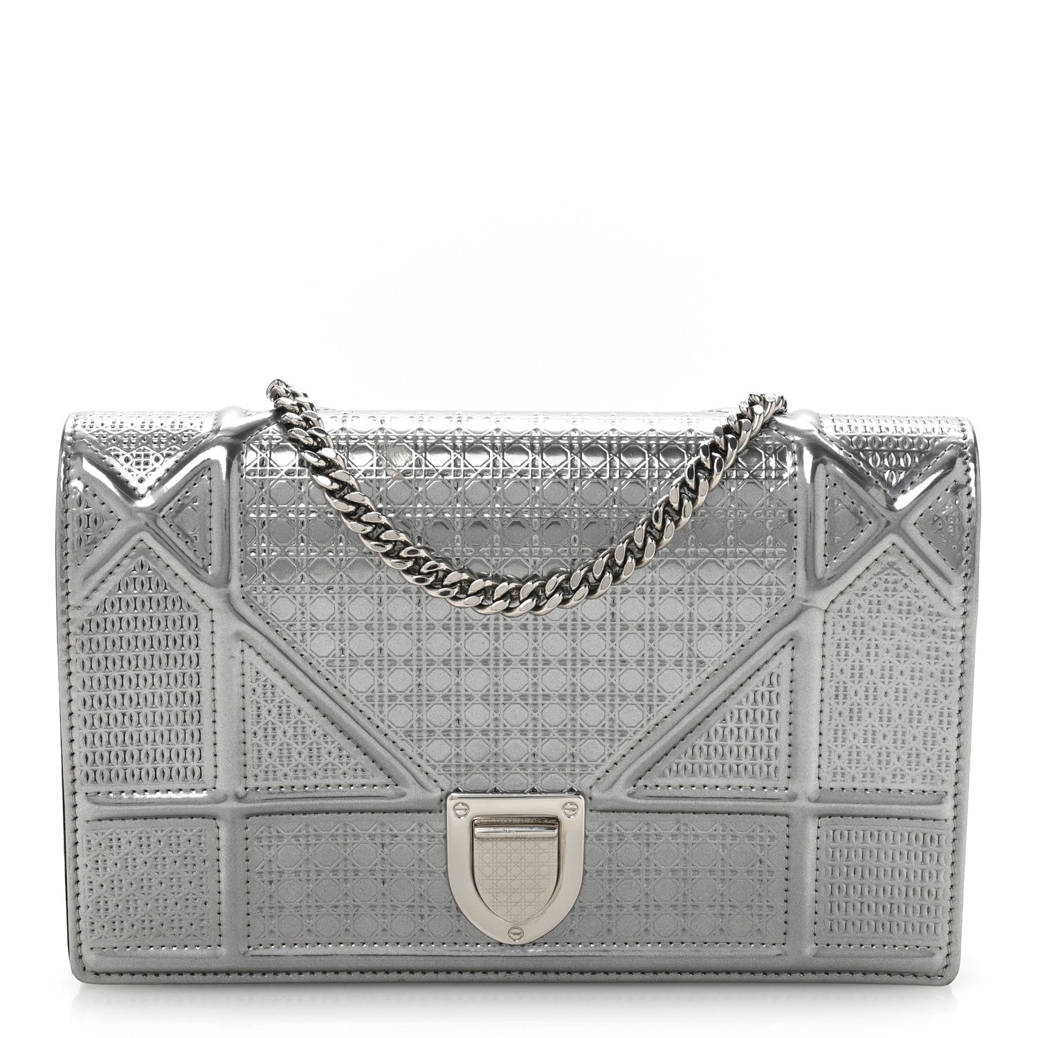 Christian Dior Metallic Patent Micro-Cannage Diorama Wallet on Chain Pouch Silver 1 of 15