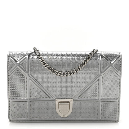 Christian Dior Metallic Patent Micro-Cannage Diorama Wallet on Chain Pouch Silver 1 of 15