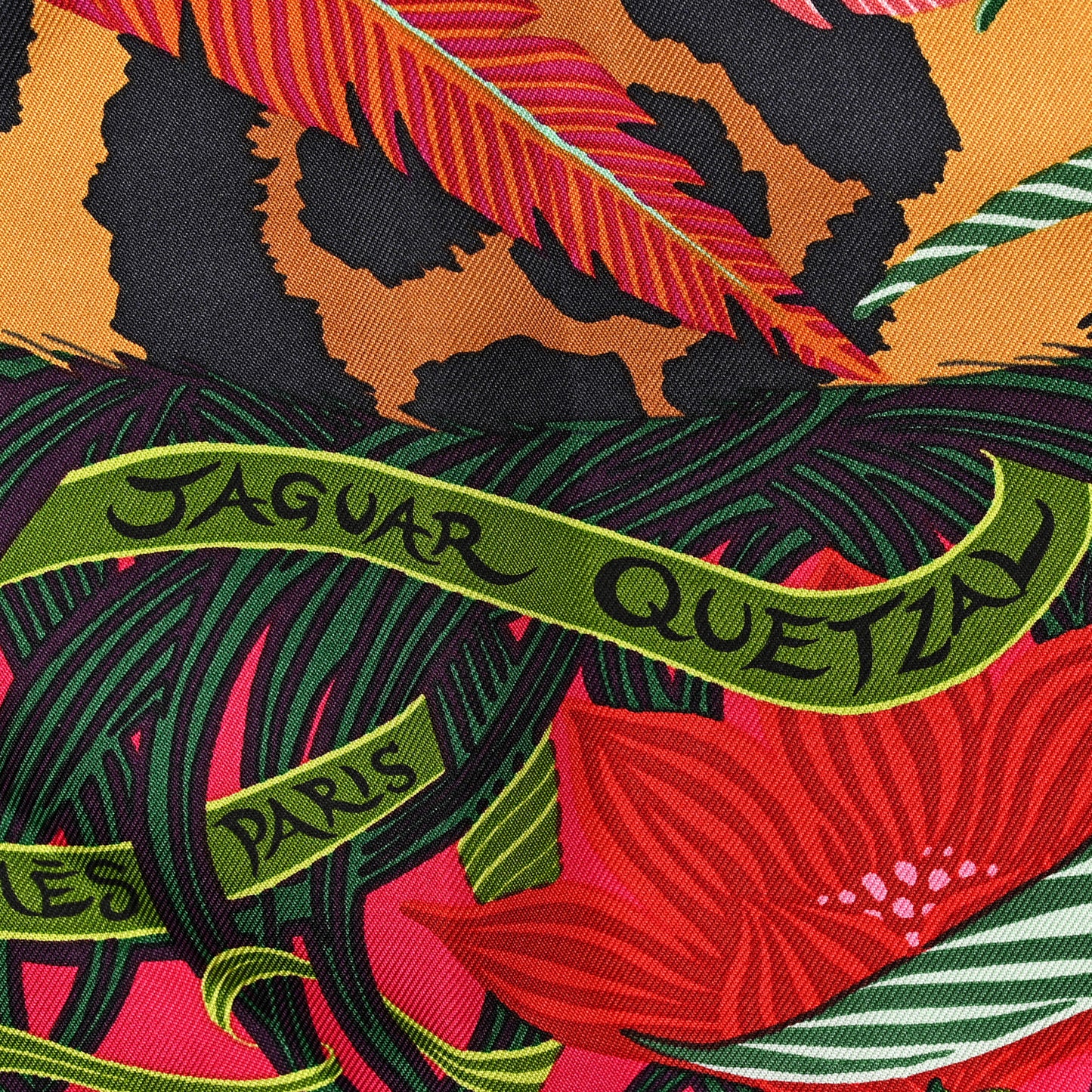 Silk Jaguar Quetzal Scarf 90 Rose Vert Camel