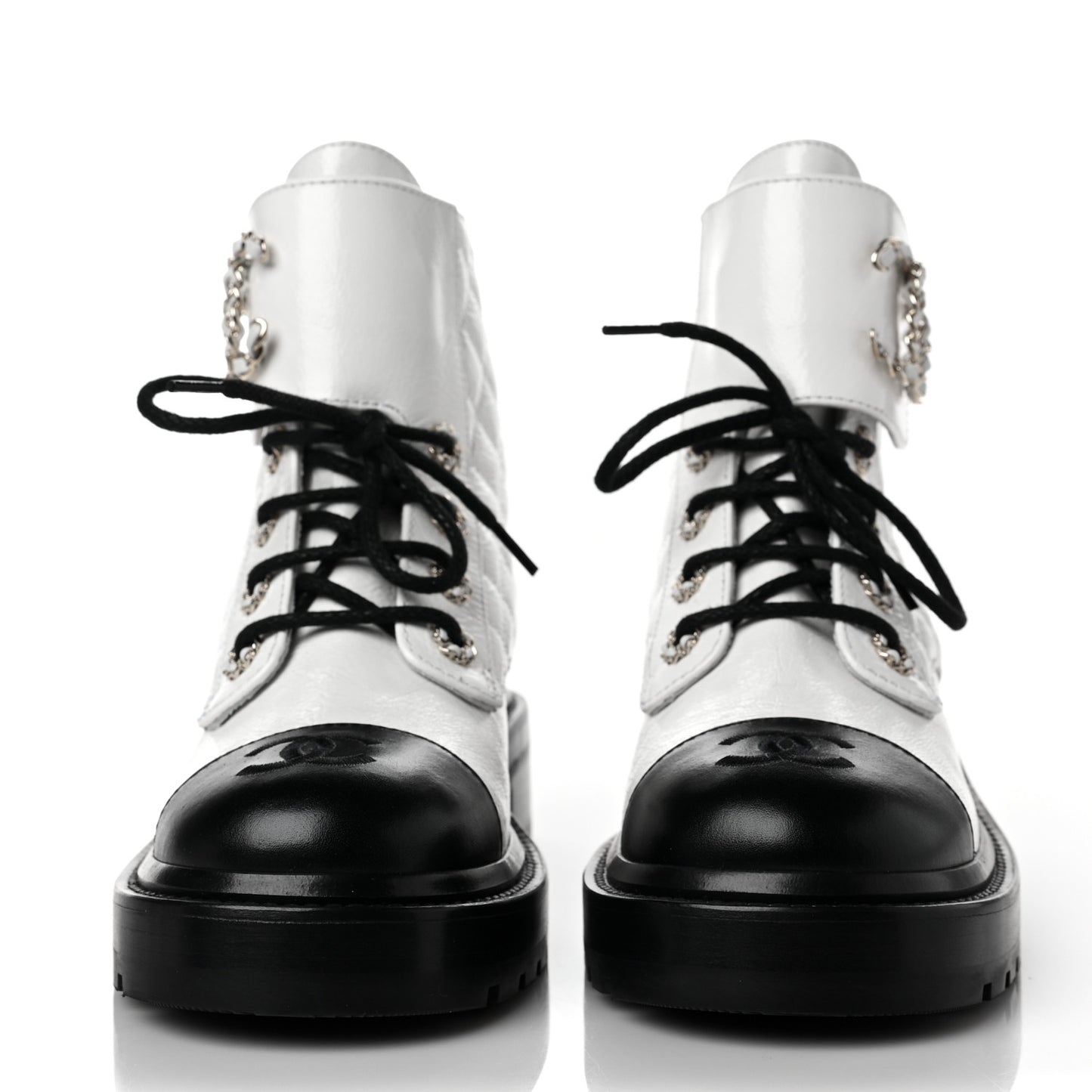 Shiny Goatskin Calfskin Quilted Lace Up Combat Boots 37 Black White