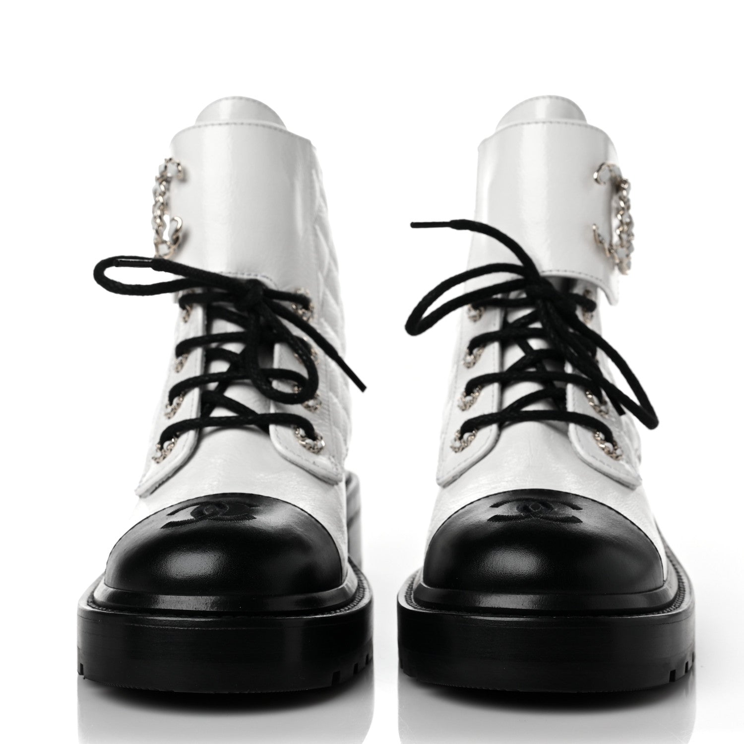 Chanel Shiny Goatskin Calfskin Quilted Lace Up Combat Boots 37 Black White 2 of 10