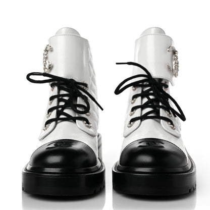 Chanel Shiny Goatskin Calfskin Quilted Lace Up Combat Boots 37 Black White 2 of 10