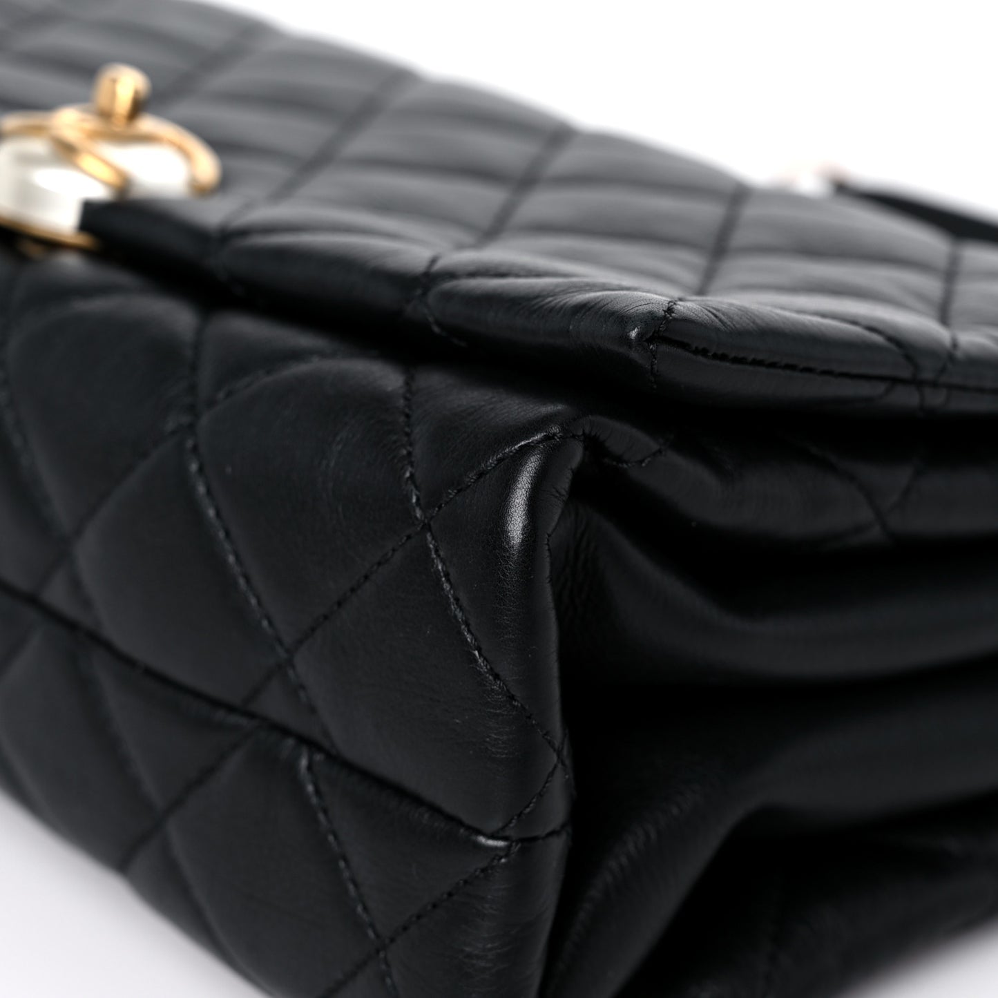 Calfskin Quilted Accordion Pearl CC Small Flap Bag Black