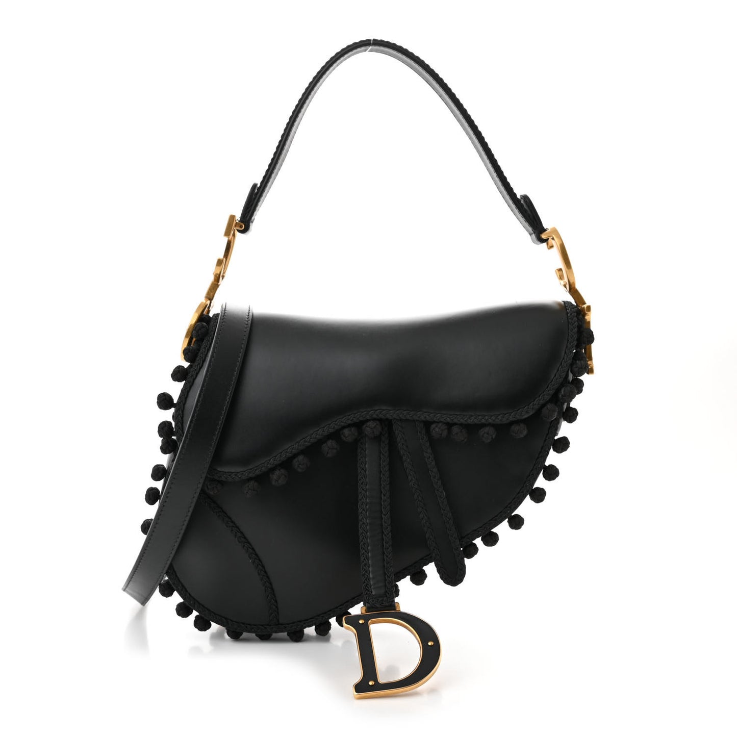 Calfskin Pom Pom Saddle Bag Black