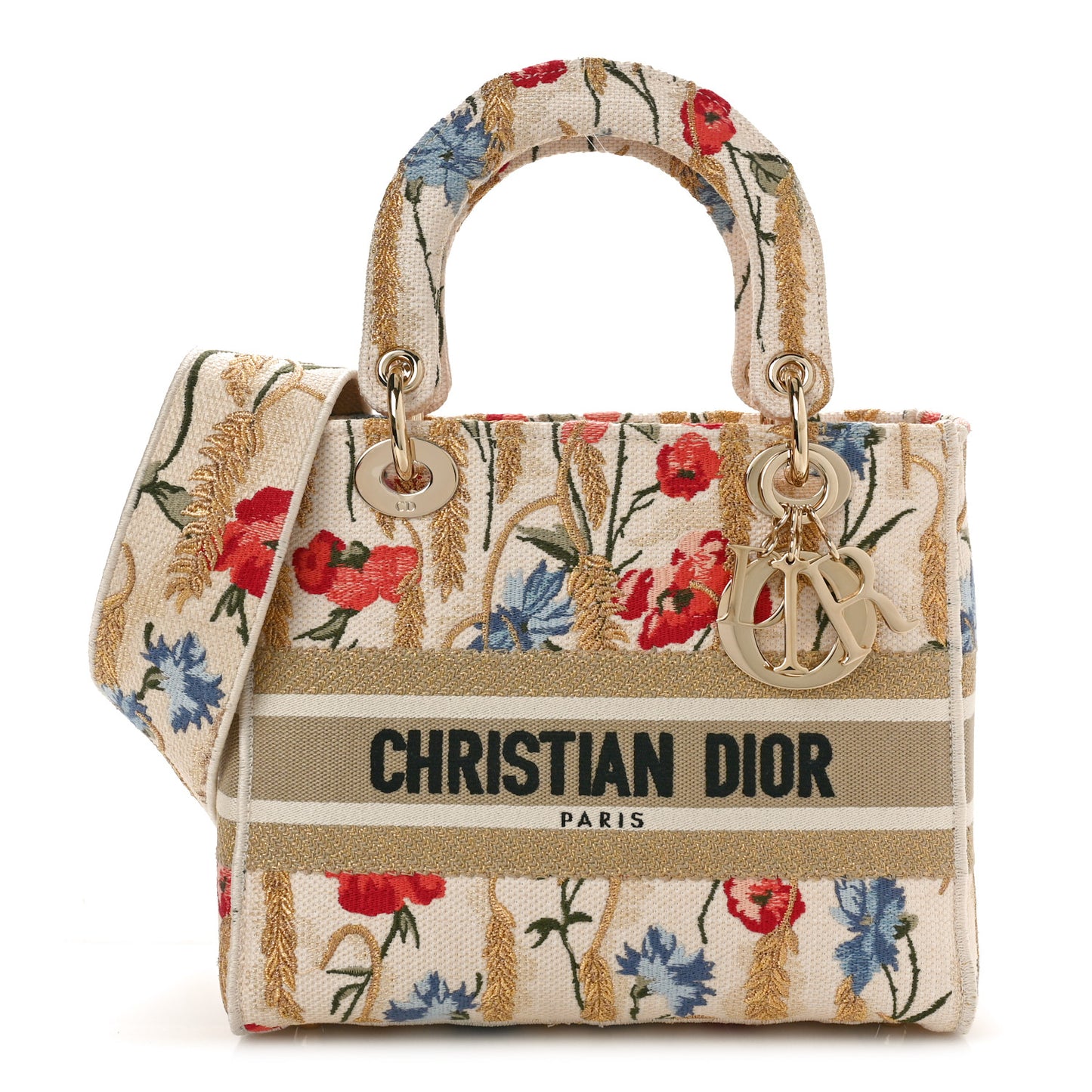 Canvas Embroidered Hibiscus Printed Medium Lady D-Lite Beige Multicolor