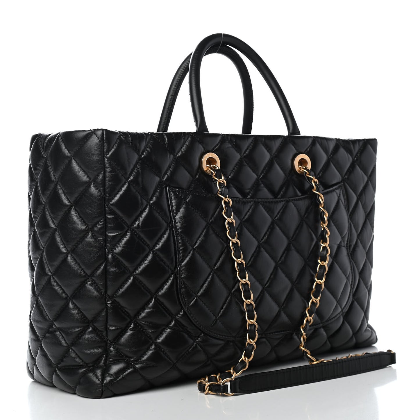 Aged Calfskin Quilted Large Coco Handle Shopping Tote Black