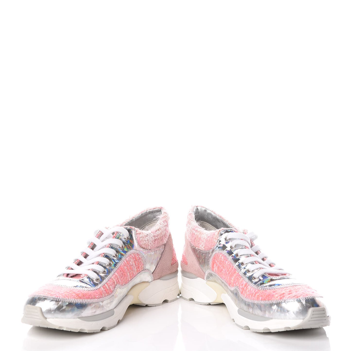 Tweed Suede Calfskin Sneakers 36 Silver Pink