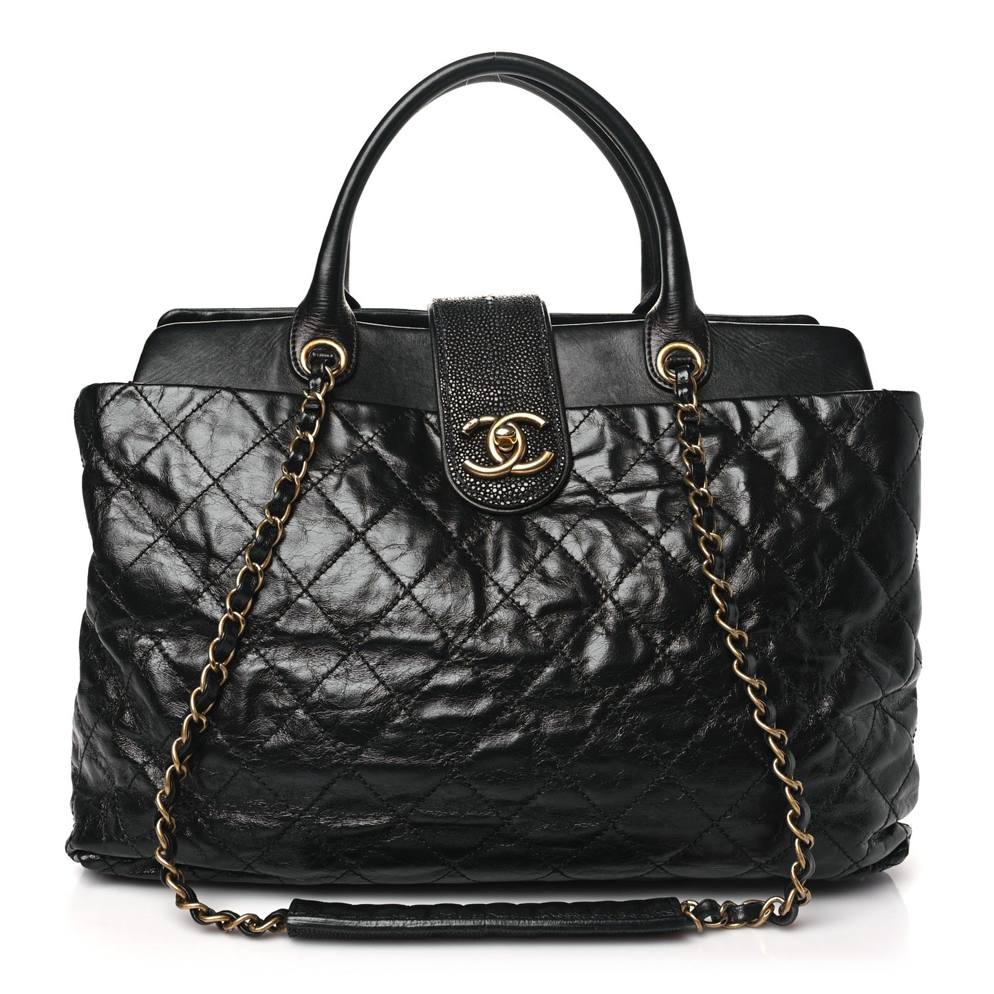 Glazed Calfskin Stingray Large Bindi CC Tote Black