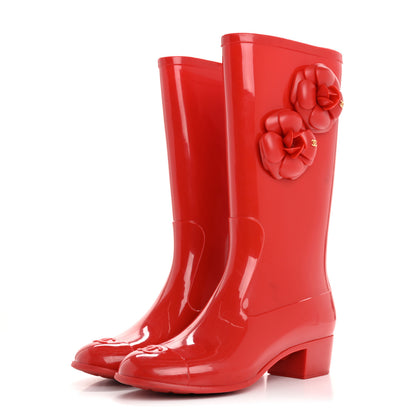 Chanel Rubber Camellia Rain Boots 37 Red 3 of 13