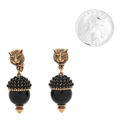 Gucci Metal Resin Pearl Feline Clip On Earrings Aged Gold Black 2 of 4