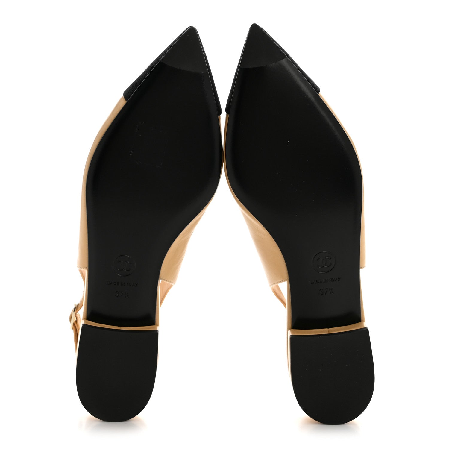 Chanel Goatskin Grosgrain Pointed Toe CC Slingback Flats 37.5 Beige Black 6 of 10