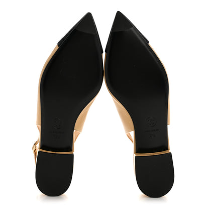 Chanel Goatskin Grosgrain Pointed Toe CC Slingback Flats 37.5 Beige Black 6 of 10