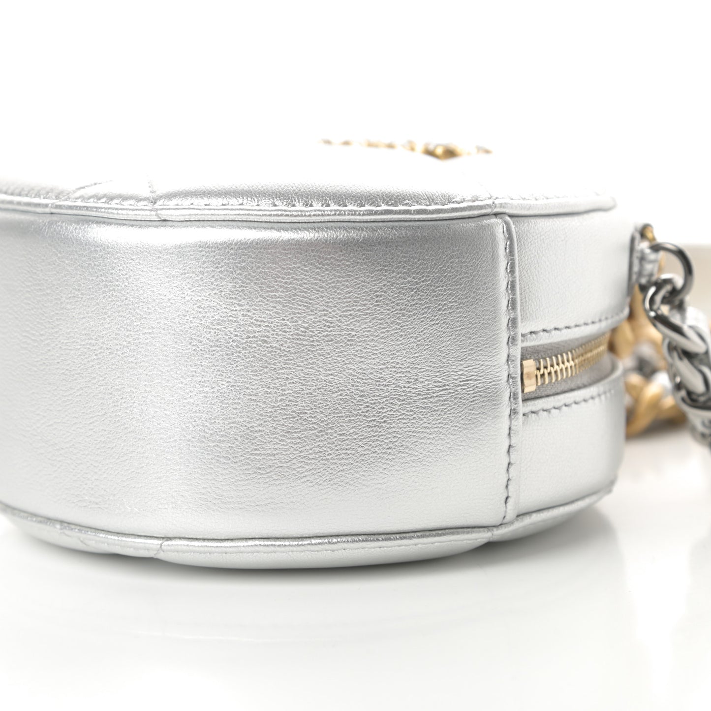 Metallic Lambskin Quilted Chanel 19 Round Clutch With Chain Silver