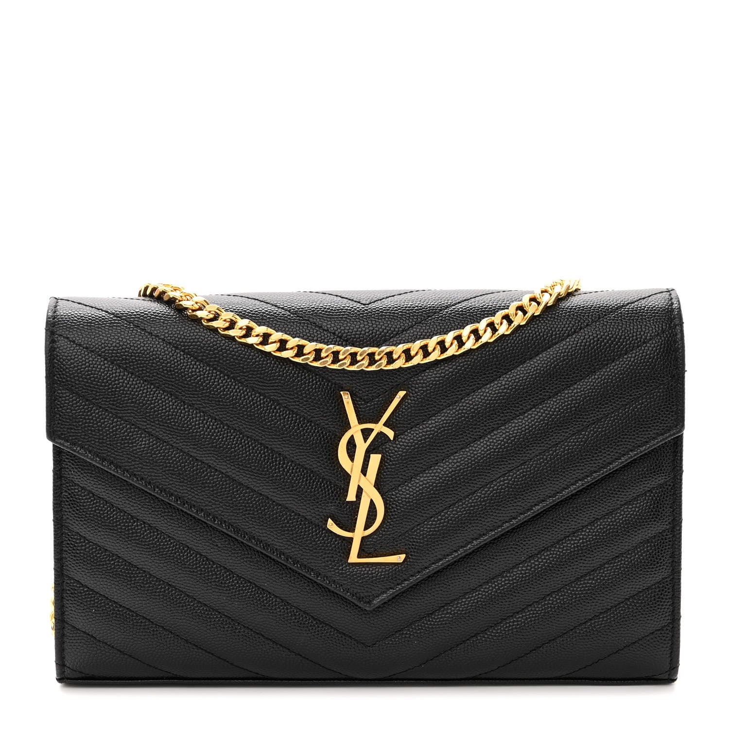 Saint Laurent Grain De Poudre Matelasse Chevron Monogram Chain Wallet Black 1 of 11