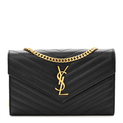 Saint Laurent Grain De Poudre Matelasse Chevron Monogram Chain Wallet Black 1 of 11