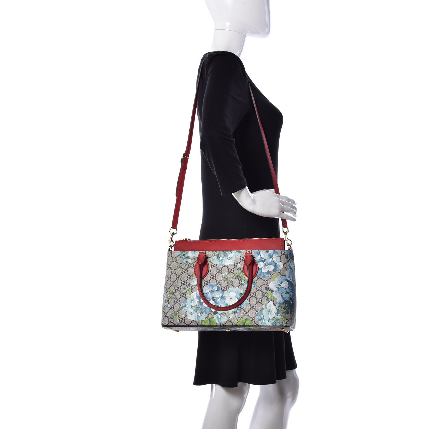 Gucci GG Supreme Monogram Blooms Medium Zip Top Tote Beige Blue Navy Hibiscus Red 2 of 10