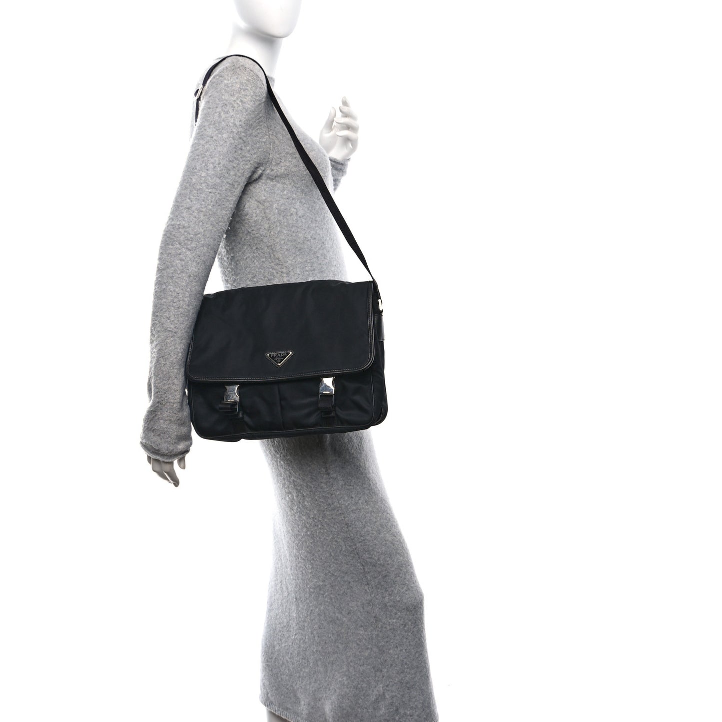 Tessuto Nylon Saffiano Large Double Snap Buckle Messenger Bag Black