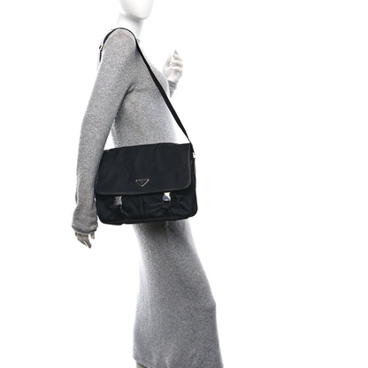 Prada Tessuto Nylon Saffiano Large Double Snap Buckle Messenger Bag Black 2 of 10