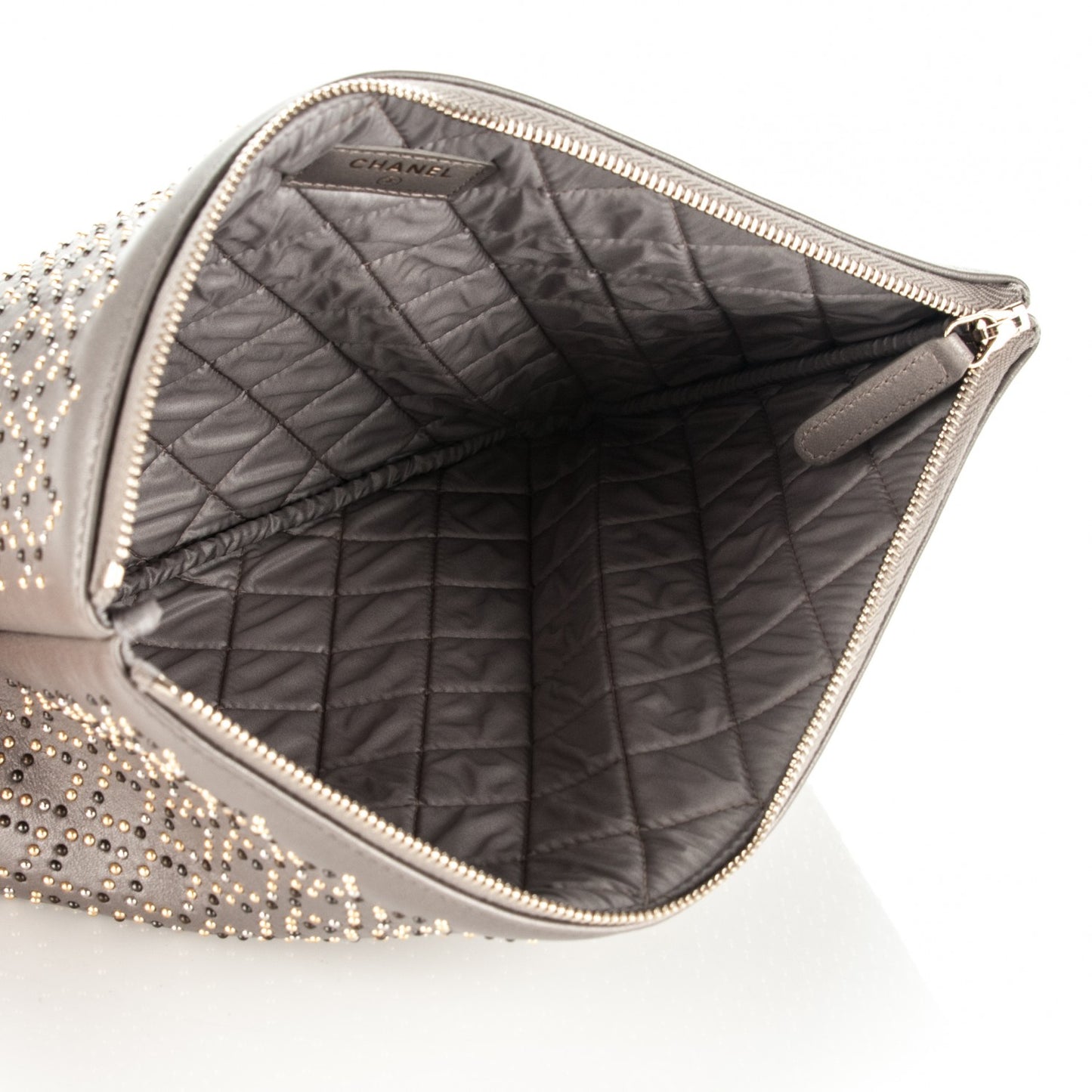 Metallic Lambskin Studded Cosmetic Case Grey