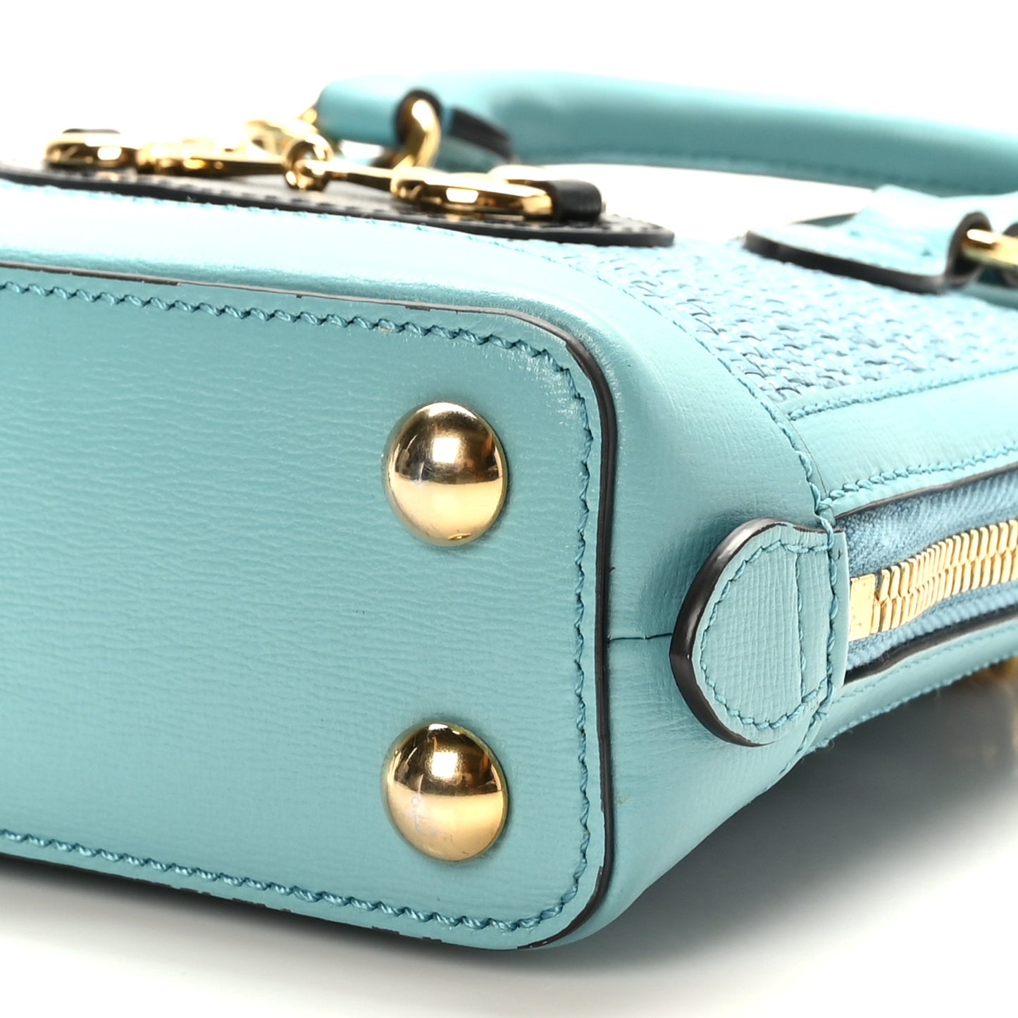 Straw Azalea Calfskin Woven Mini Horsebit 1955 Top Handle Bag Dusty Azure Black