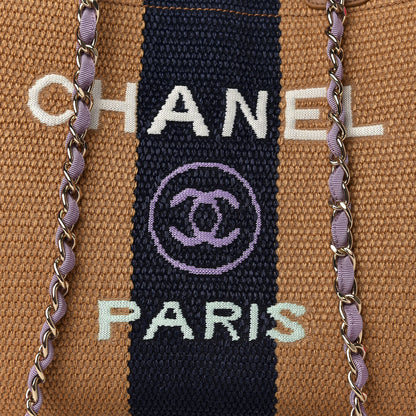 Chanel Straw Raffia Calfskin Striped Medium Deauville Tote Dark Beige Fuchsia Navy Blue 10 of 10
