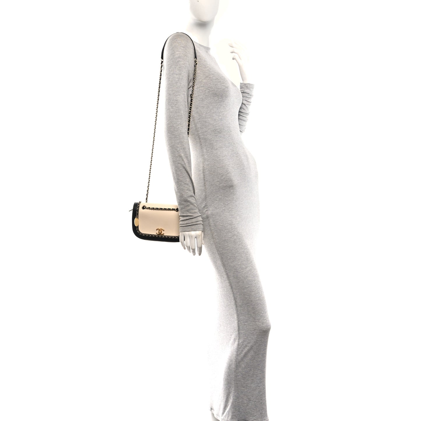 Lambskin Caviar Lovely Chains Flap Shoulder Bag Ivory Black