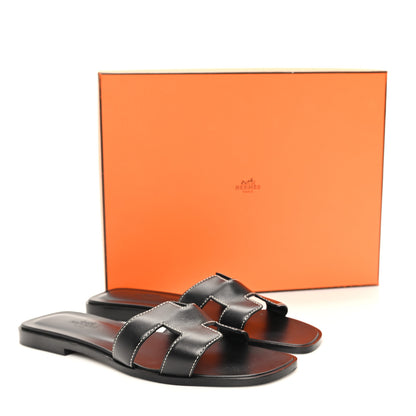 Hermes Box Calfskin Oran Sandals 36.5 Black 10 of 10