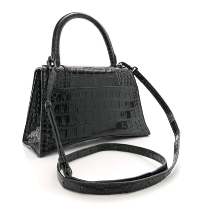 Balenciaga Shiny Calfskin Monochrome Crocodile Embossed Small Hourglass Top Handle Bag Black 3 of 17