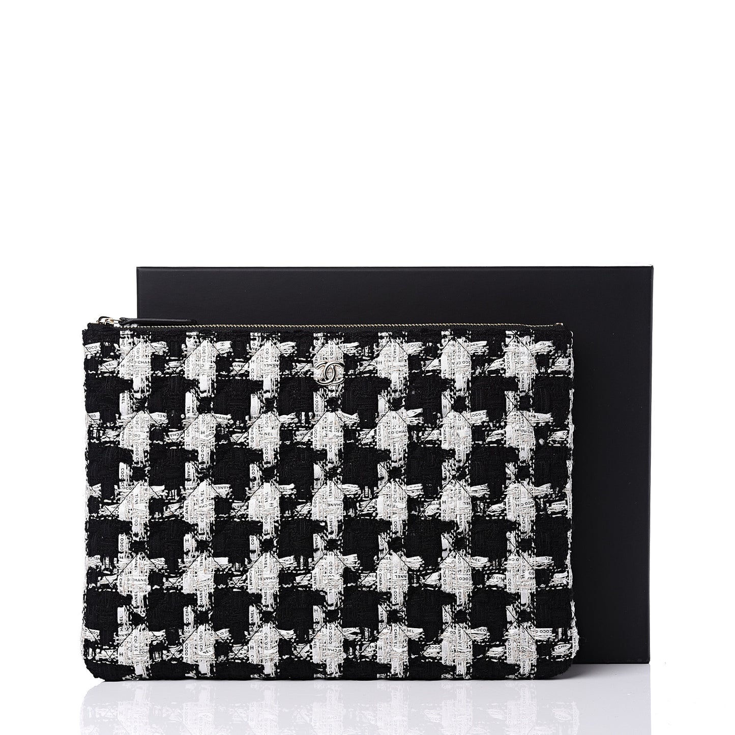 Tweed Quilted Medium Cosmetic Pouch Black Ecru White