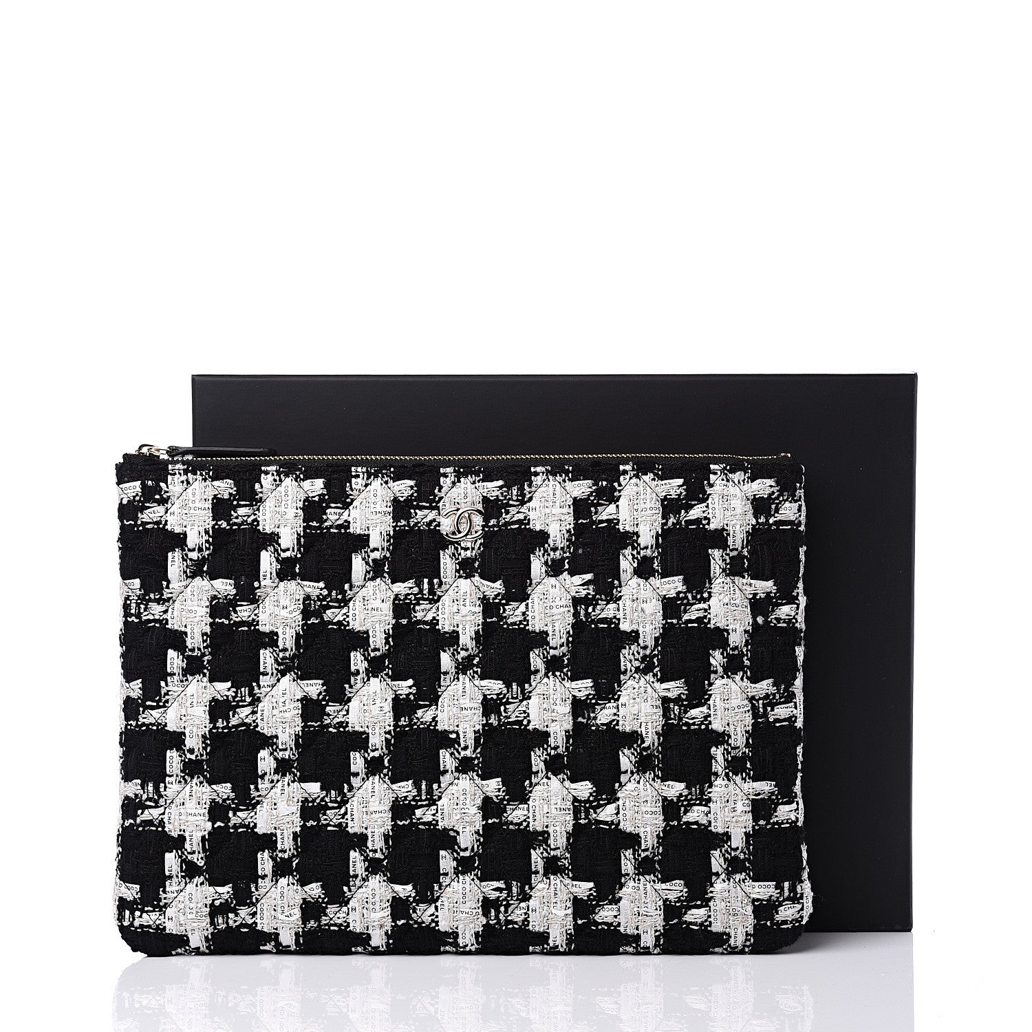 Chanel Tweed Quilted Medium Cosmetic Pouch Black Ecru White 10 of 10
