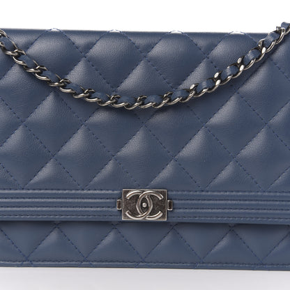 Chanel Lambskin Quilted Boy Wallet On Chain WOC Blue 11 of 12