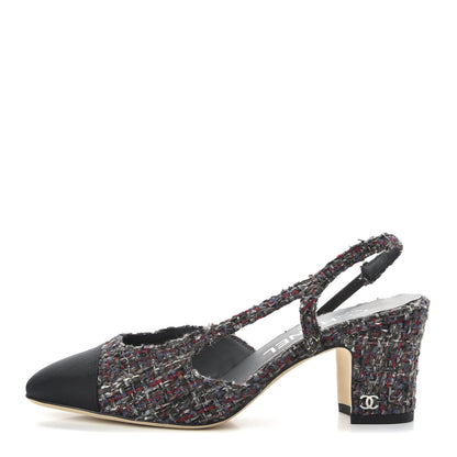 Chanel Tweed Grosgrain Cap Toe CC Slingback Pumps 35.5 Brown Red Black 1 of 10