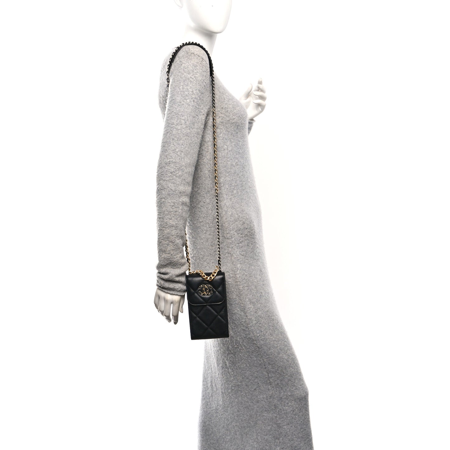 Lambskin Quilted Chanel 19 Phone Holder With Chain Black