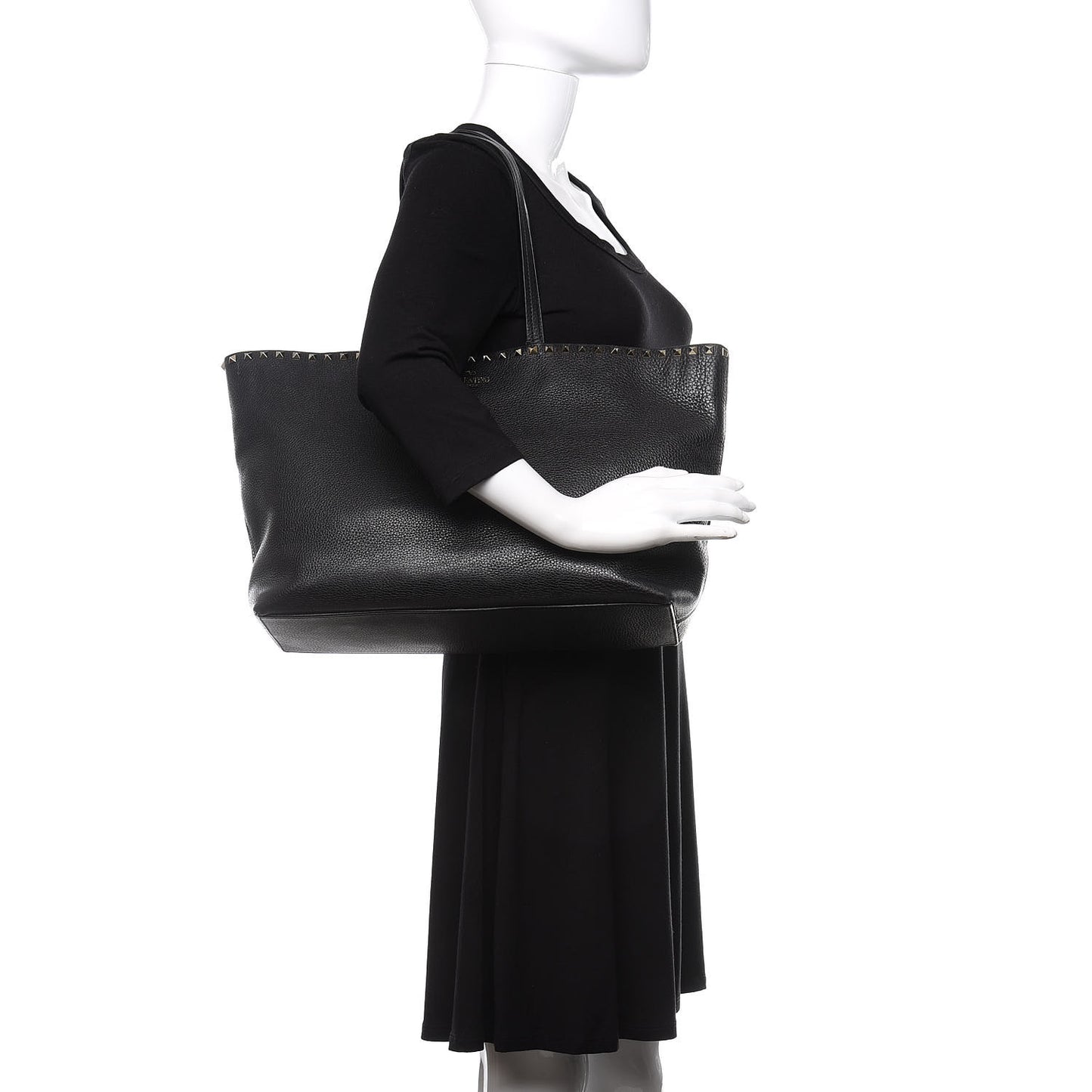 Grained Calfskin Rockstud Shoulder Tote Black
