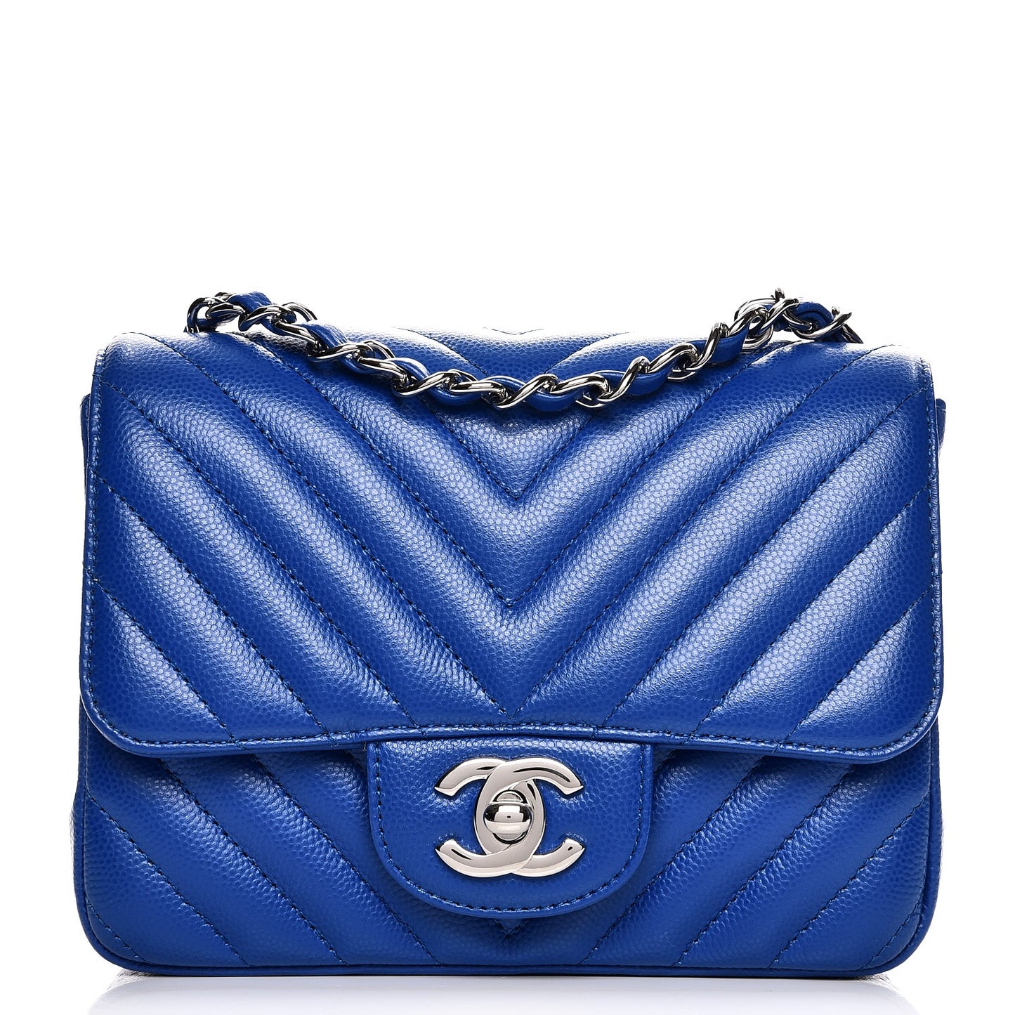 Caviar Chevron Quilted Mini Square Flap Blue