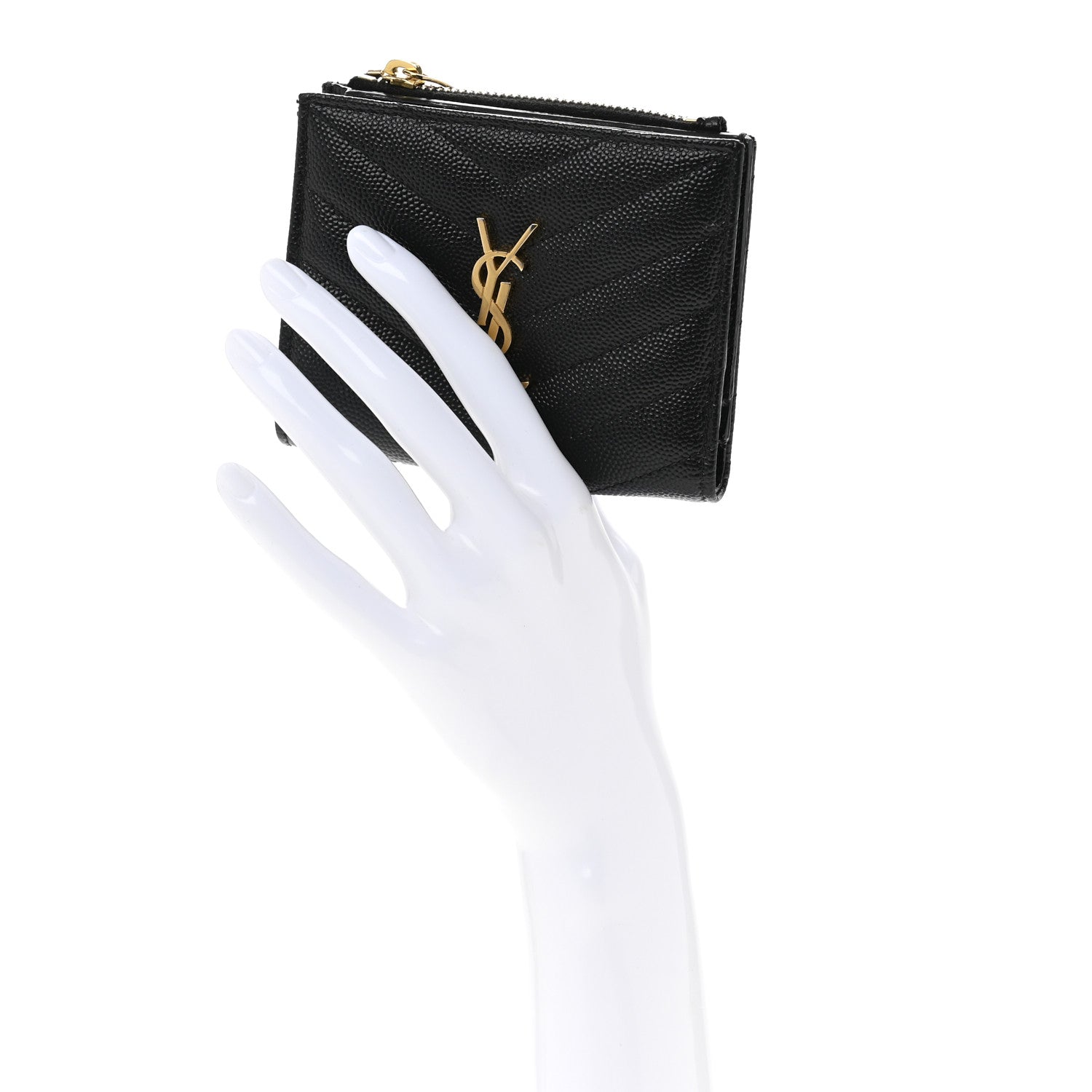 Saint Laurent Grain De Poudre Matelasse Chevron Monogram Zipped Card Case Black 2 of 10