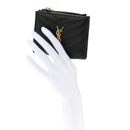 Saint Laurent Grain De Poudre Matelasse Chevron Monogram Zipped Card Case Black 2 of 10