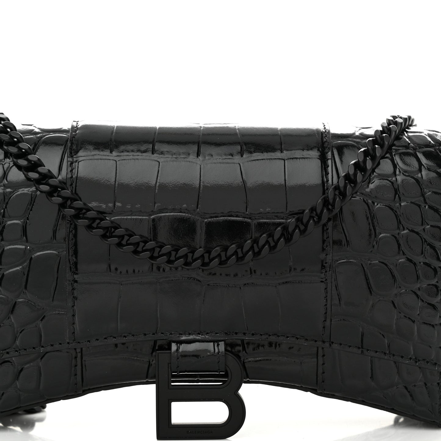 Shiny Calfskin Monochrome Crocodile Embossed Hourglass Chain Bag Black