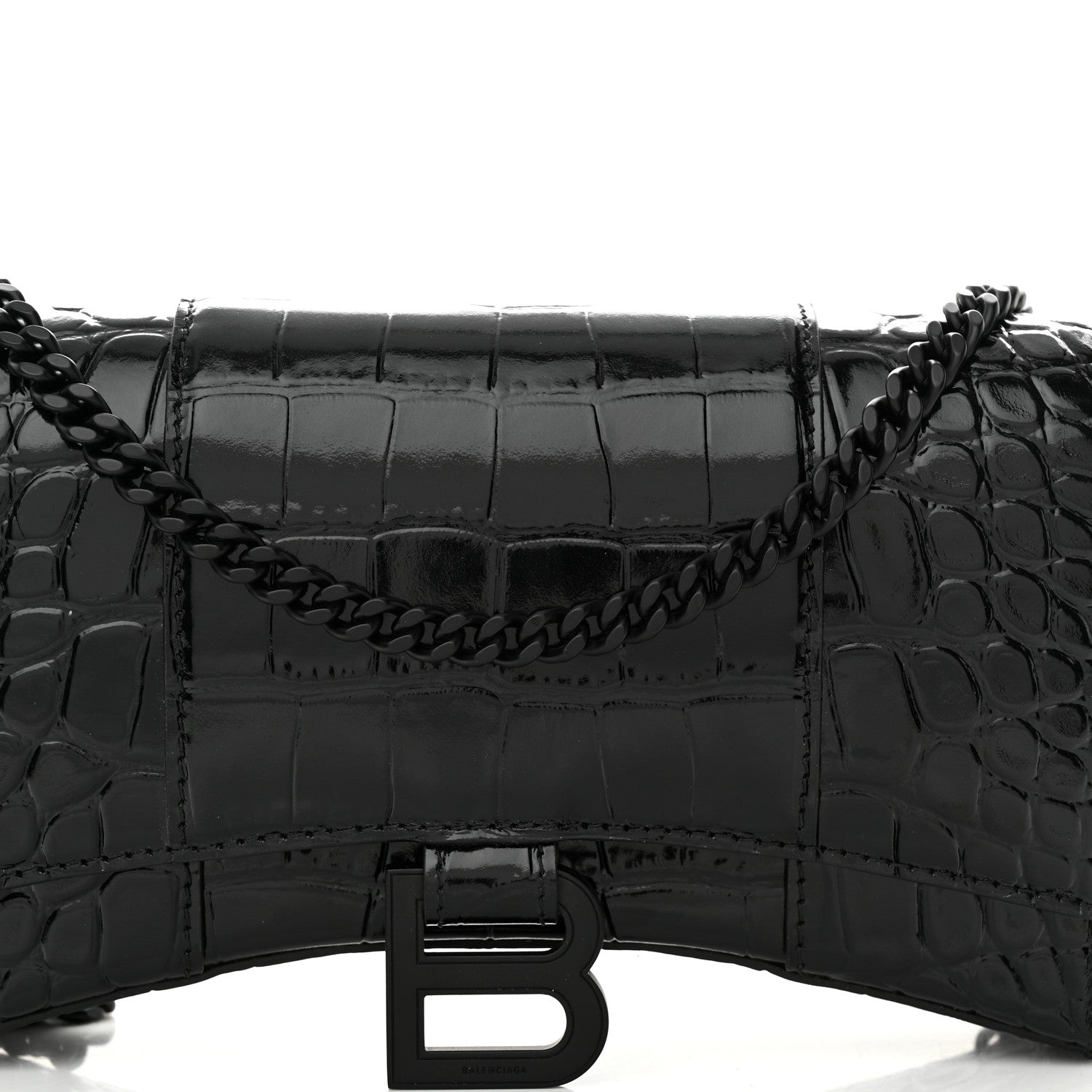 Balenciaga Shiny Calfskin Monochrome Crocodile Embossed Hourglass Chain Bag Black 7 of 9