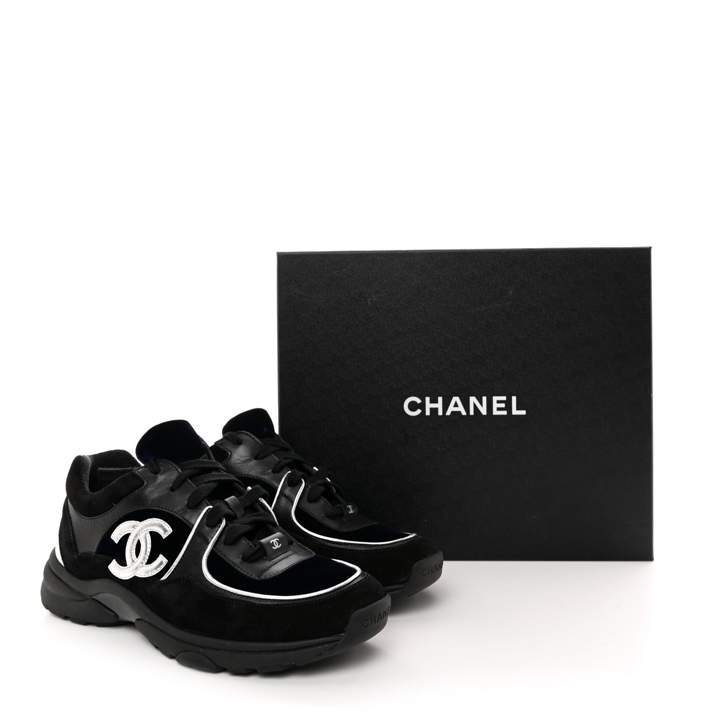 Suede Velvet Lambskin CC Sneakers 38.5 Black Blue Silver