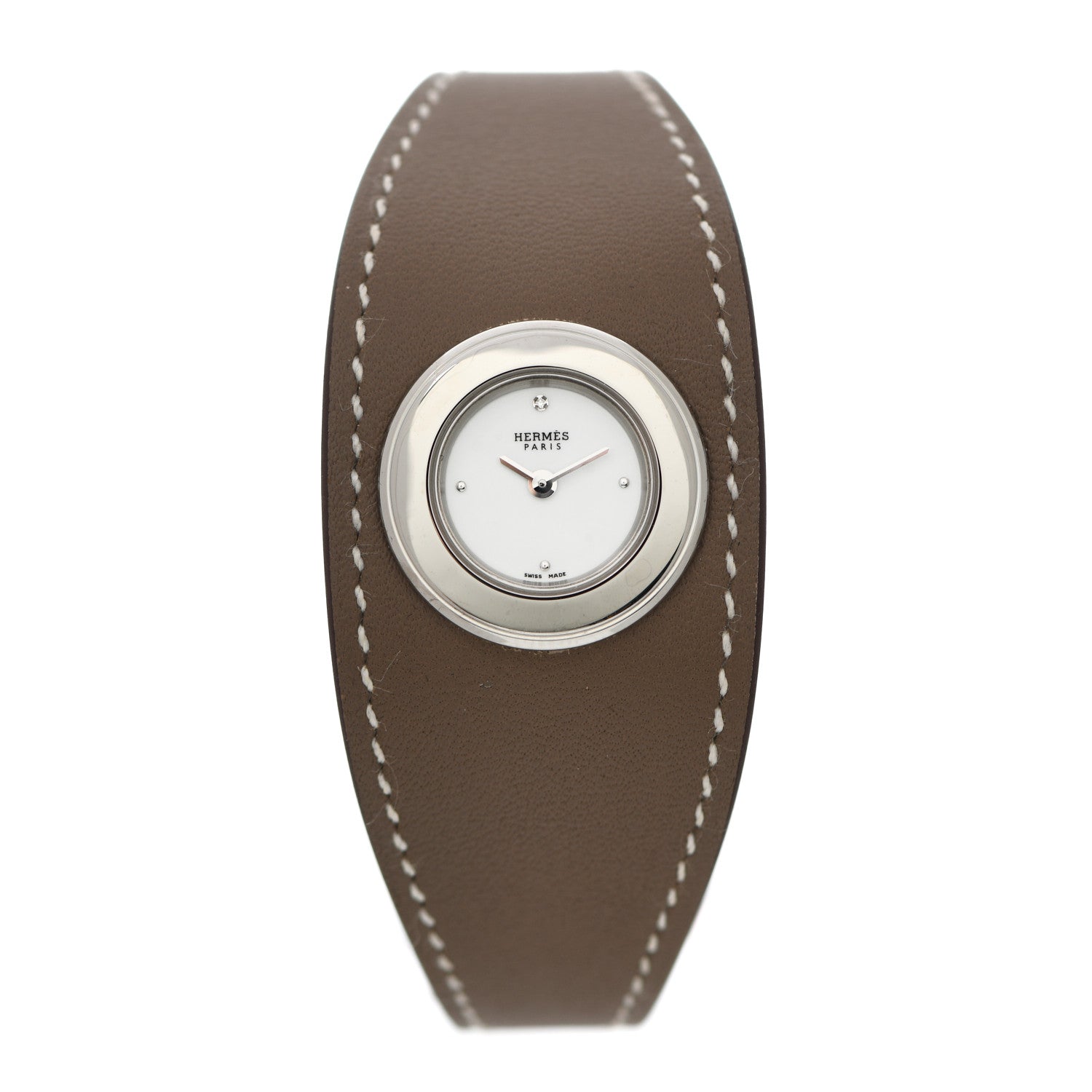 Hermes Stainless Steel Swift Diamond 26mm Faubourg Manchette Quartz Watch Etoupe 1 of 5