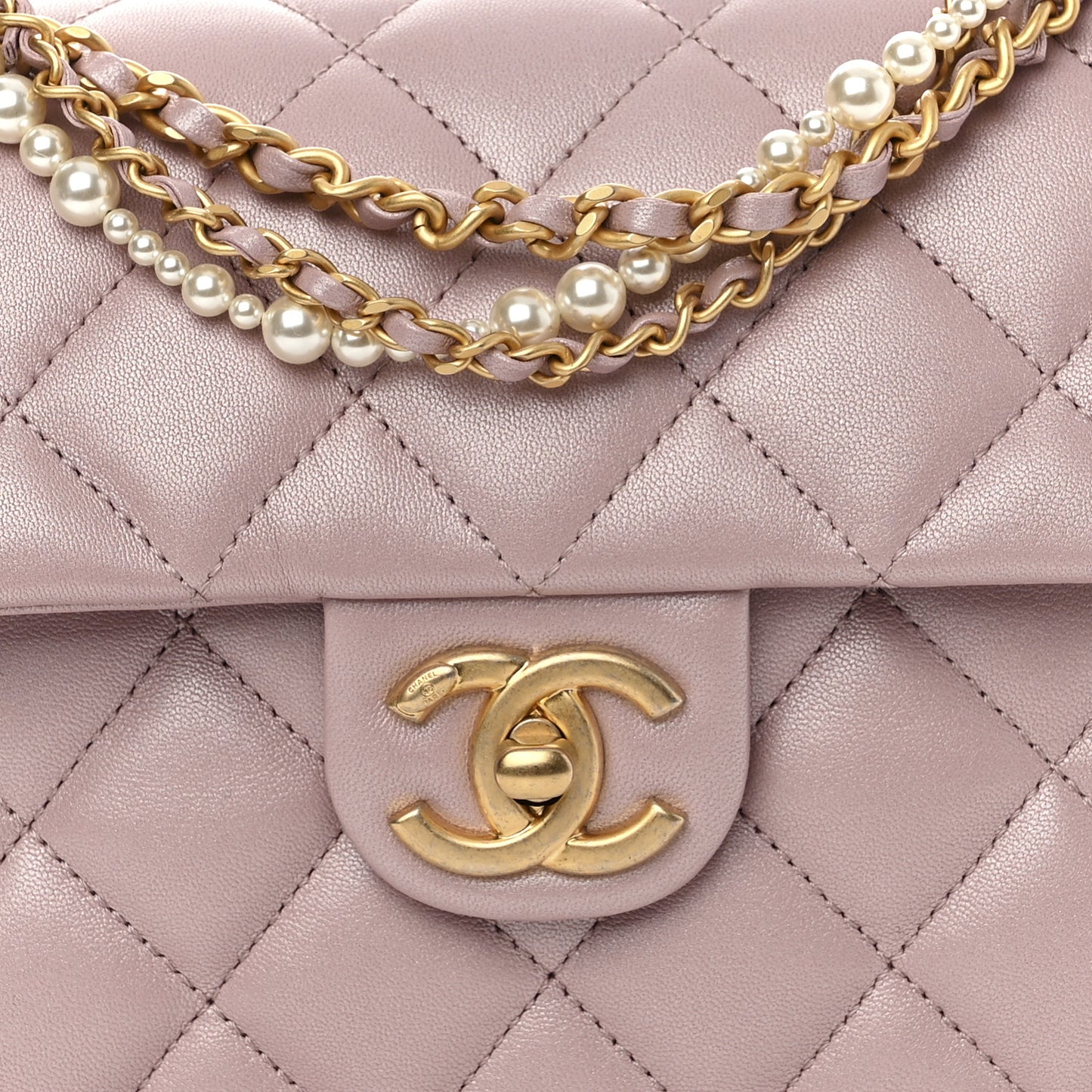 Shiny Lambskin Quilted Pearl Twist Mini Square Flap Light Pink