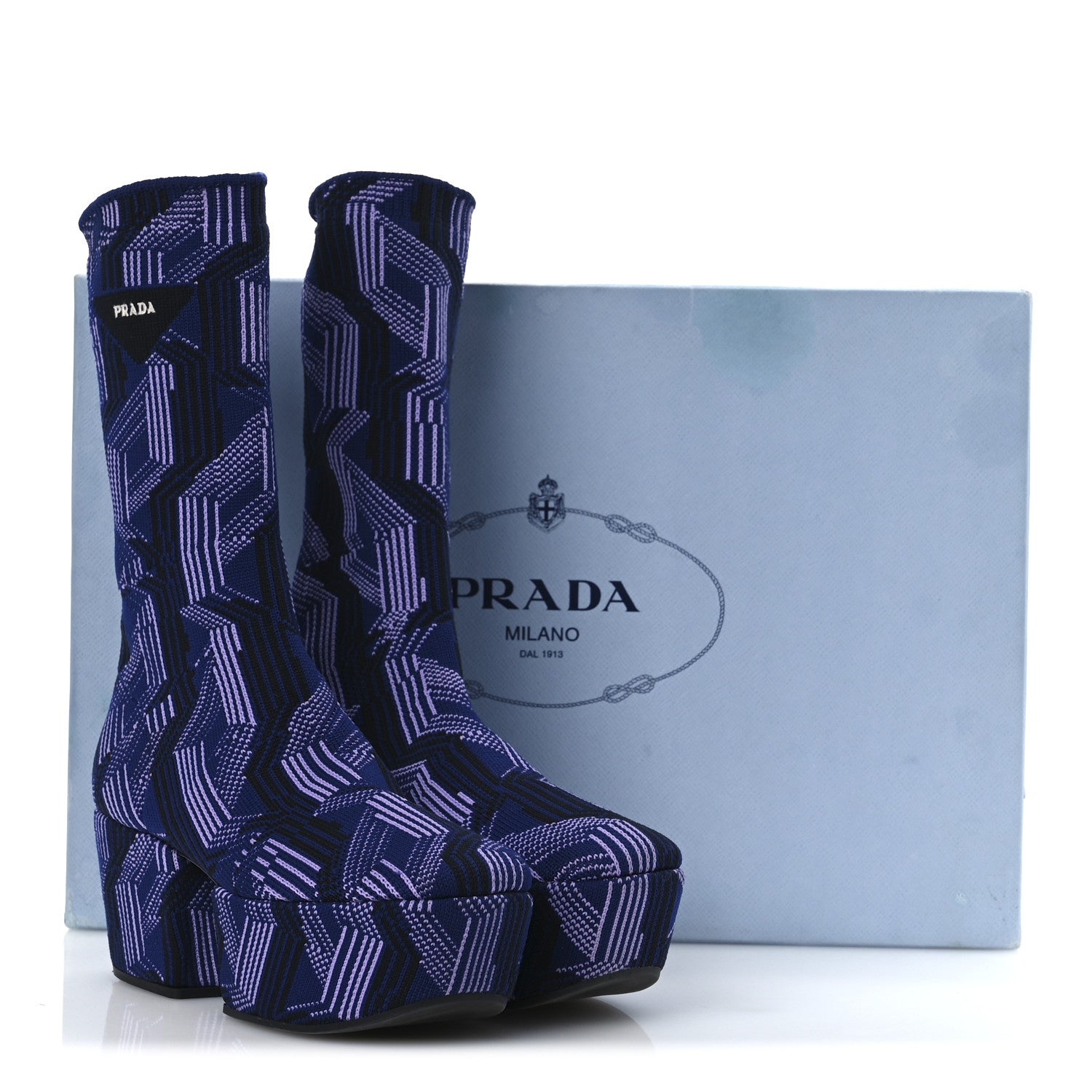 Prada Jacquard Knit Platform Ankle Boots 38.5 Bluette Glicine 10 of 10